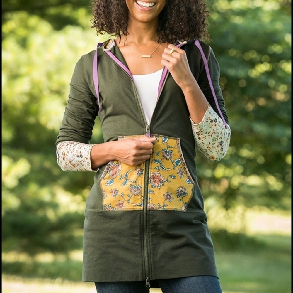 Matilda Jane Green Floral Patchwork Zip Up Long Jacket Medium